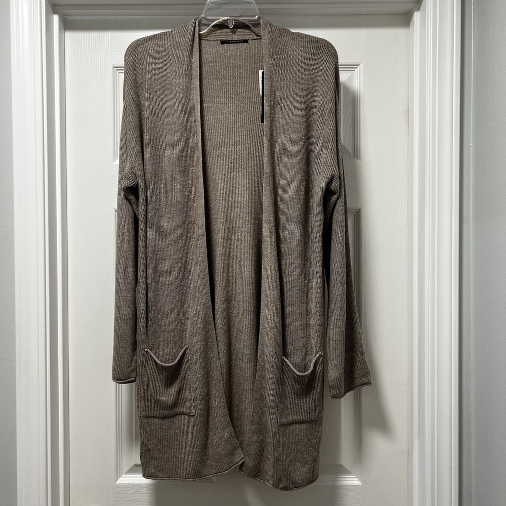 Open Front Ribbed Knit Long Cardigan Sweater Taupe XL - Picture 1 of 10